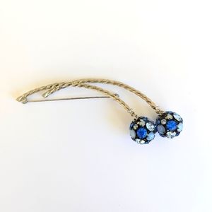 Vtg Large Silverstone Modernist Rope Brooch Blue Rhinestone Disco Gogo Balls